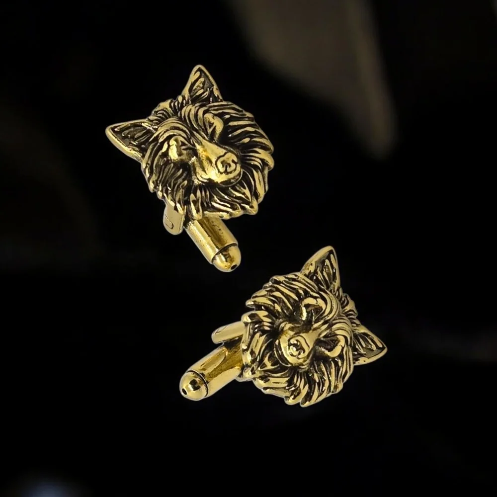 Gold Wolf Head Cufflinks • Men’s Tux Formal Wear • Groom Groomsmen Jewelry Gift